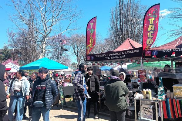 Attendees browse food vendors, including a taco stand, at the Port Richmond 179th Anniversary Festival at Campbell Square Park in Philadelphia.