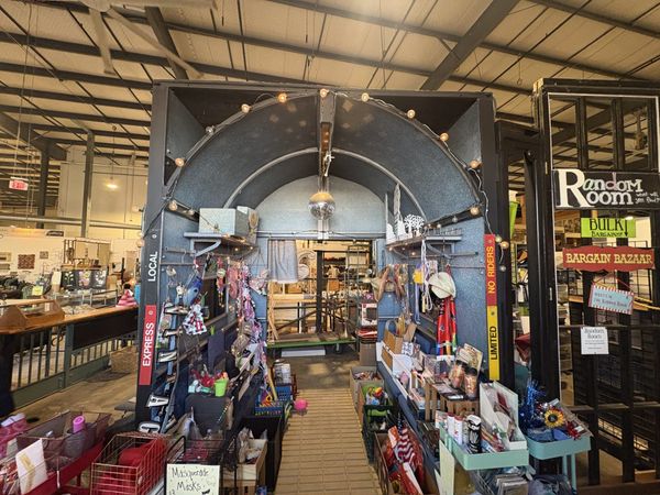 A wooden train car stage prop from "White Christmas" on display at the Resource Exchange.