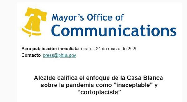 Alcalde califica el enfoque de la Casa Blanca sobre la pandemia como «inaceptable» y “cortoplacista”