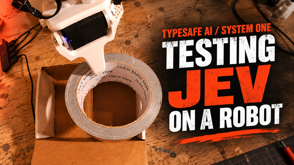 Testing TypeSafe AI’s Jev System One model on an SO-101 robot arm moving duct tape into a cardboard box