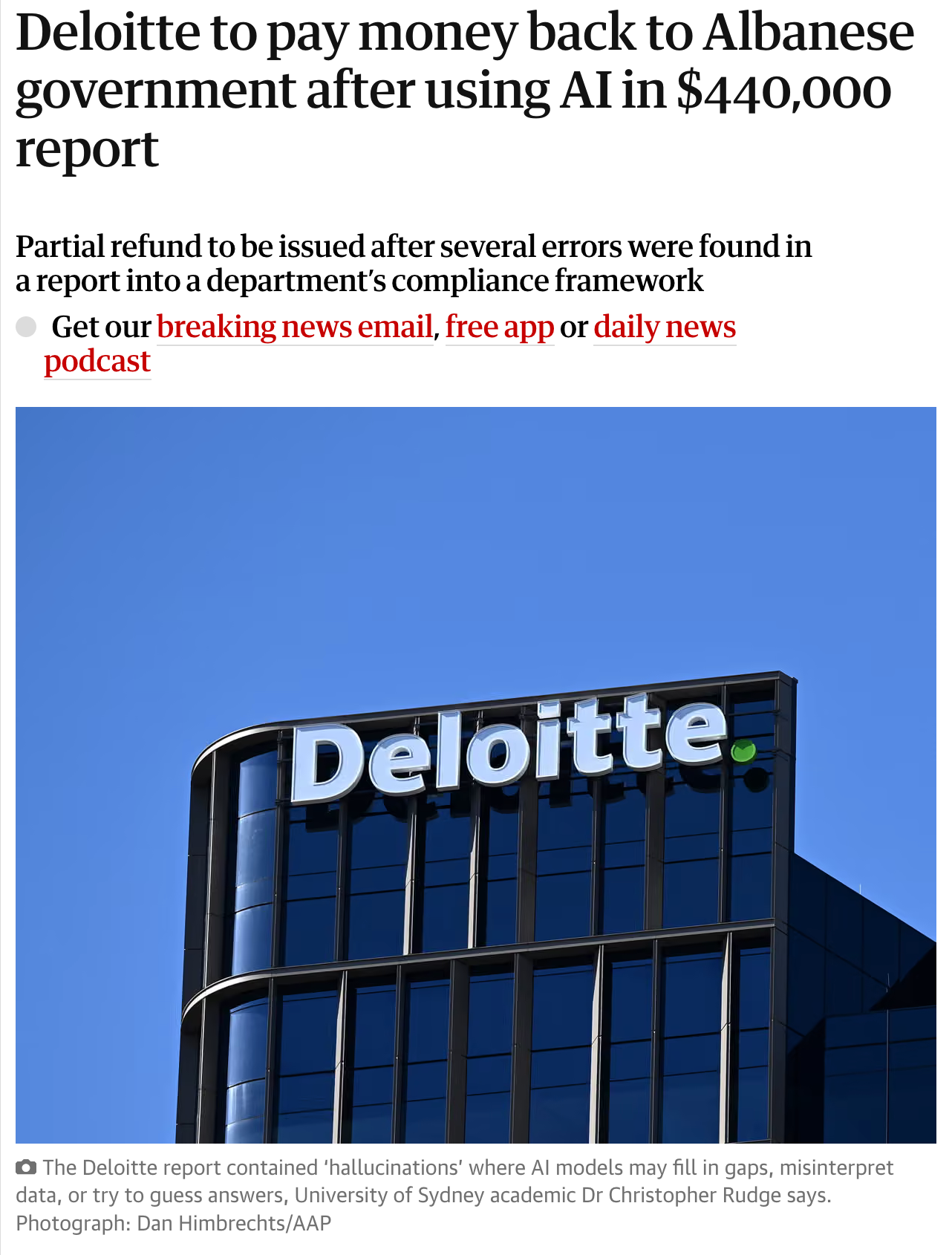 Screeshot that reads: Deloitte to pay money back to Albanese government after using AI in $440,000 report  Partial refund to be issued after several errors were found in a report into a department’s compliance framework.