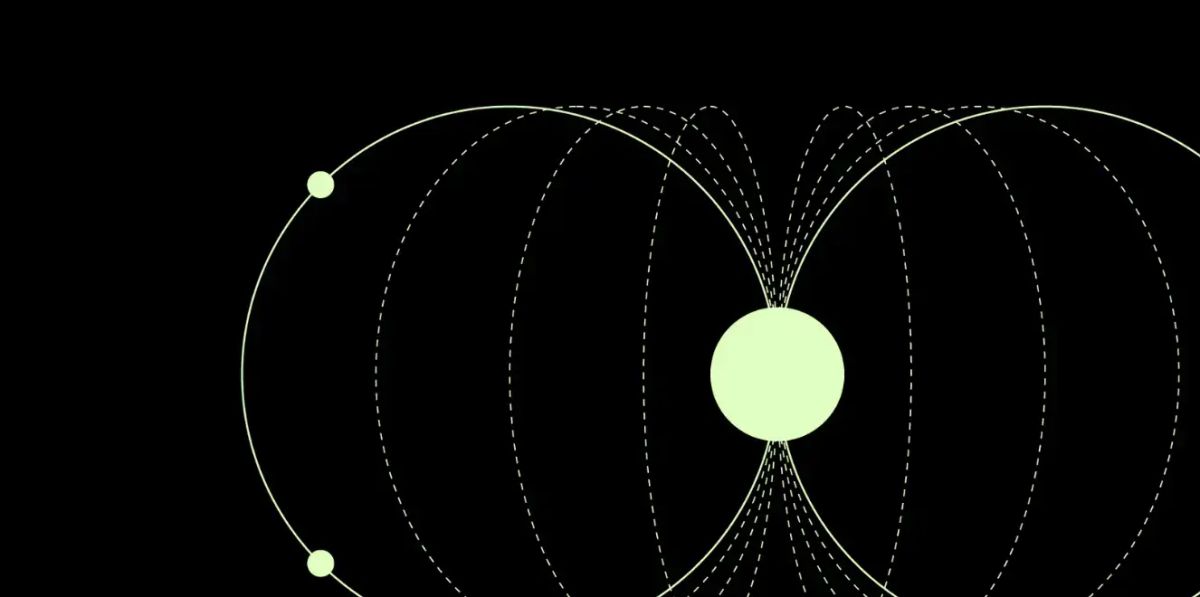 Stylised diagram of a planetary magnetic field, showing a central glowing sphere with curved lines representing magnetic field lines extending outward and looping back.