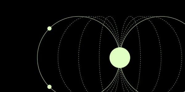 Stylised diagram of a planetary magnetic field, showing a central glowing sphere with curved lines representing magnetic field lines extending outward and looping back.