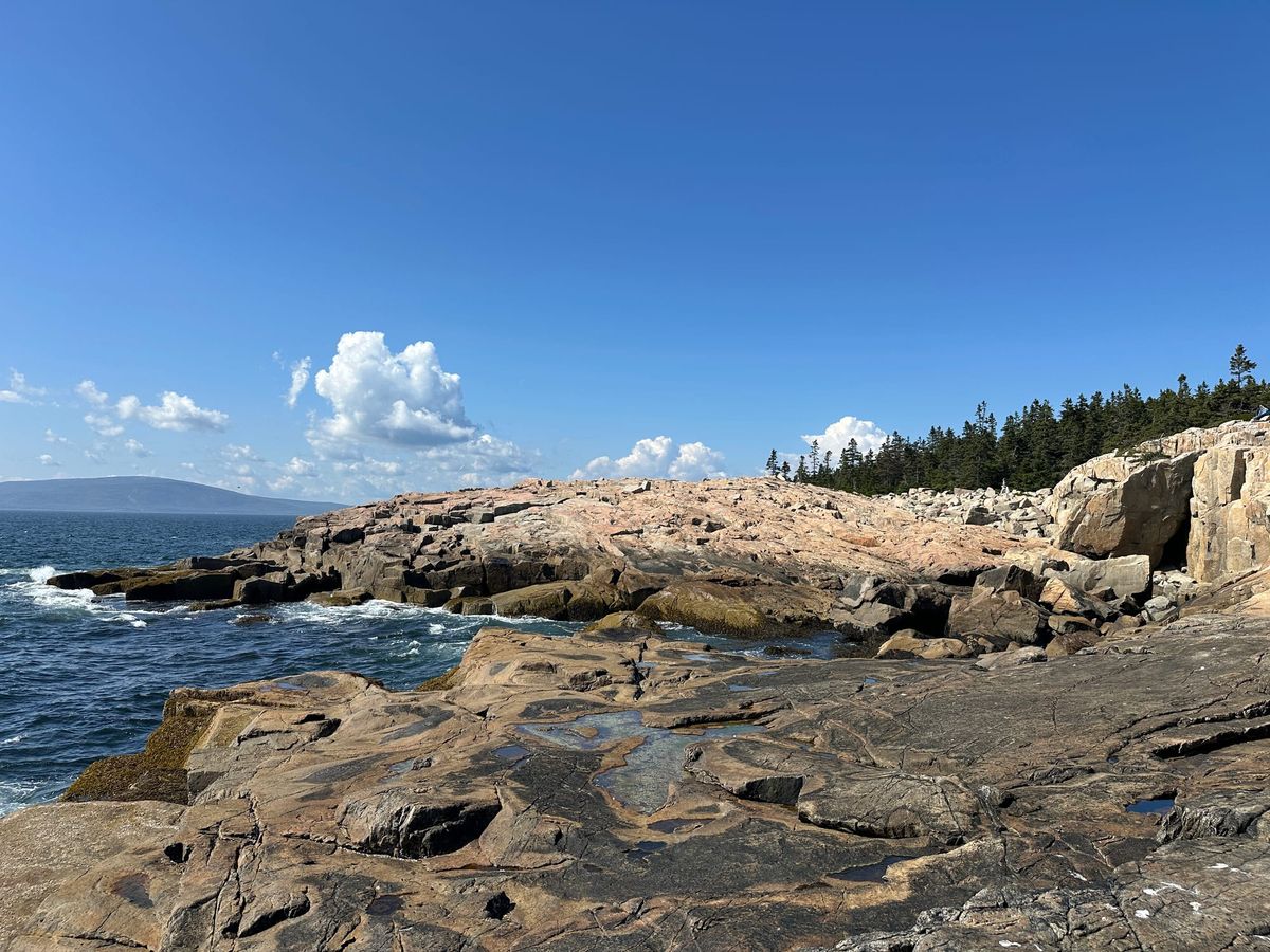 Pink granite shoreline at Schoodic Point with ocean, spruce trees, and distant mountains