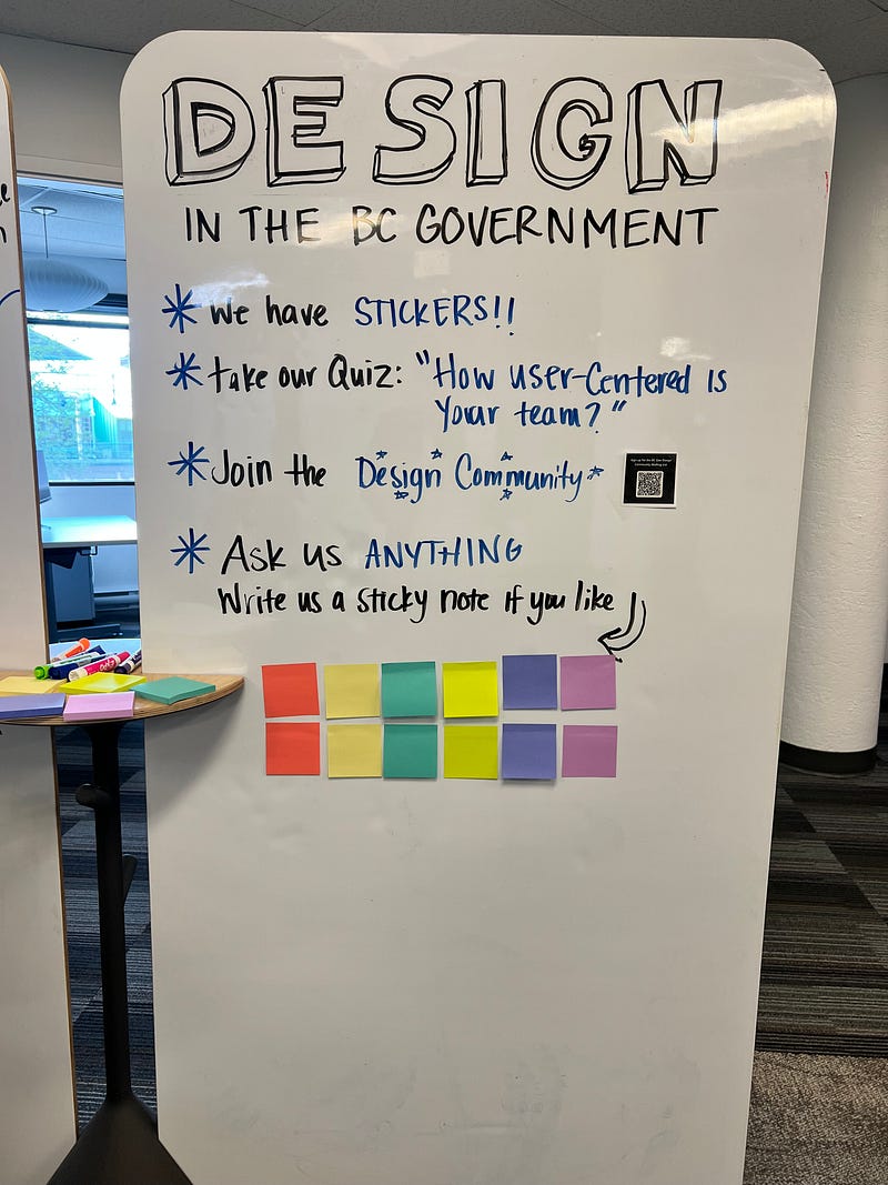 A white board saying “design” in block letters at the top. Below, it says, “we have stickers”, “take our quiz” ,“join the design community, and “ask us anything” with some colorful sticky notes to write on
