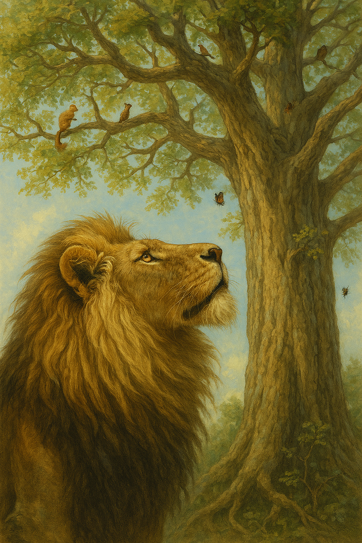 A lion with a big mane looks up at a leafy old tree with birds, squirrells and insects in its branches
