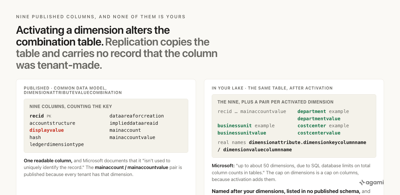 The published Common Data Model definition of dimensionattributevaluecombination lists nine columns counting the key, and the copy in a tenant's lake carries those nine plus a column pair per activated dimension, named after the tenant's own dimensions and recorded in dimensionattribute