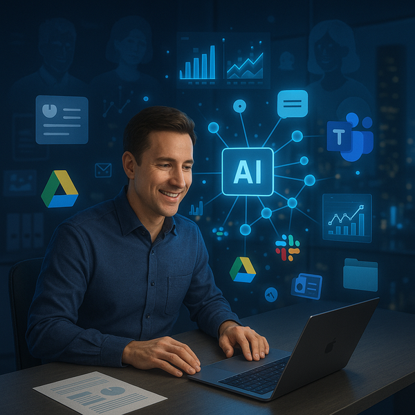 Analyst using AI interface to connect scattered documents, dashboards, and messages into a unified knowledge graph.