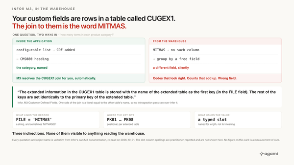Infor M3 custom fields data warehouse: the item master lands complete with no customer-defined field, while the values sit in CUGEX1 behind a literal table name in a column called FILE