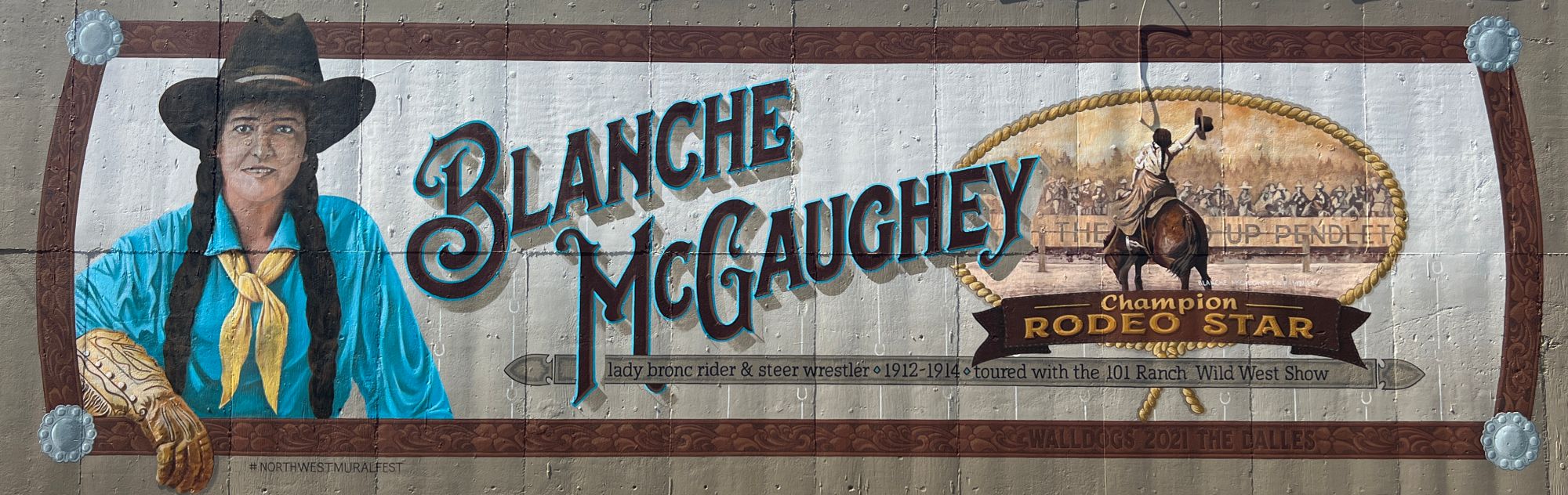 Lettering and pictorial or a woman and women riding a horse.