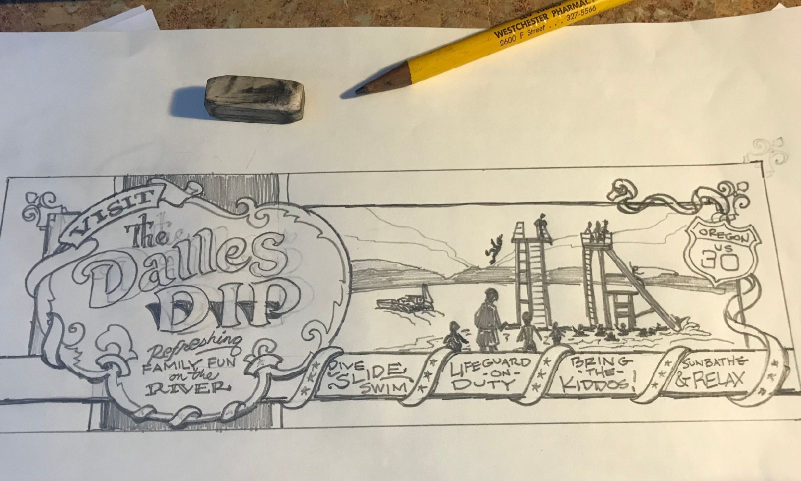 Sketch with lettering and pictorial elements.