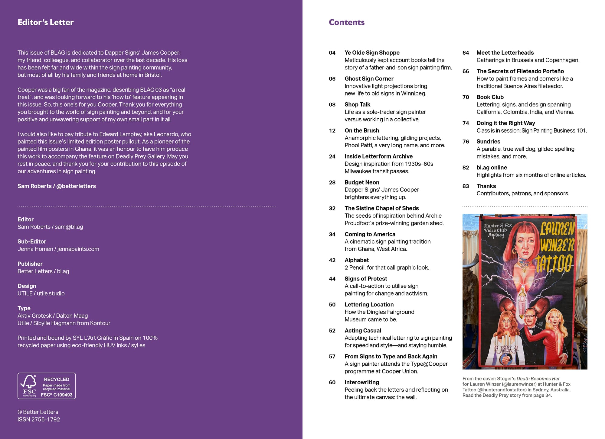 Graphic of a magazine spread showing the contents on the right page, and the editor's letter and imprint on the left.