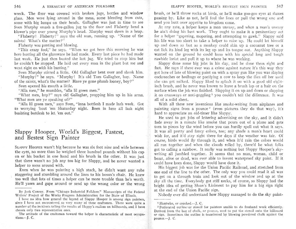 Black text on white pages with a heading on the left side that reads "Slappy Hooper, World's Biggest, Fastes, and Bestest Sign Painter".
