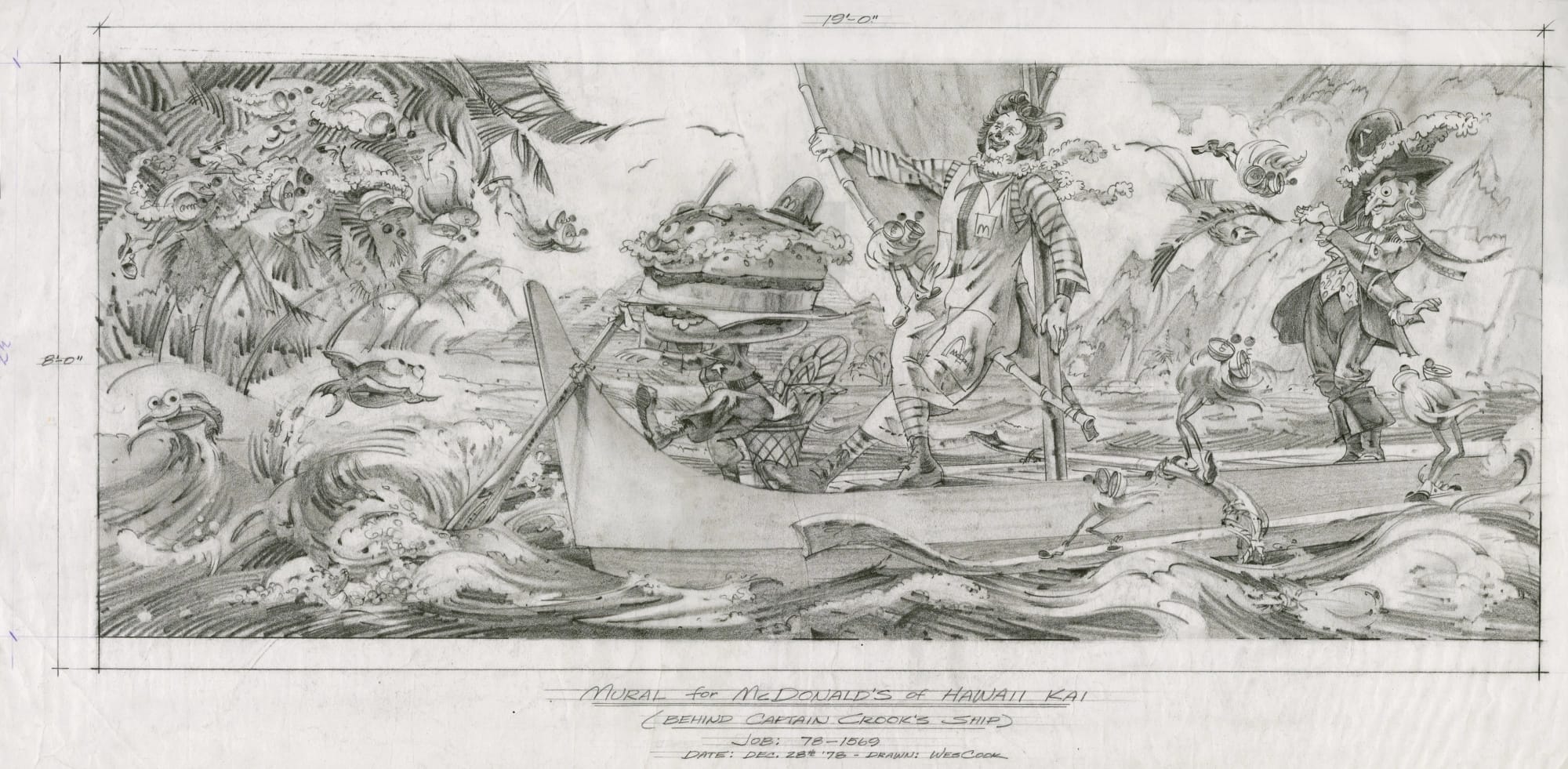 Detailed black and white drawing depicting a sea-based scene from the adventures of Ronald McDonald.