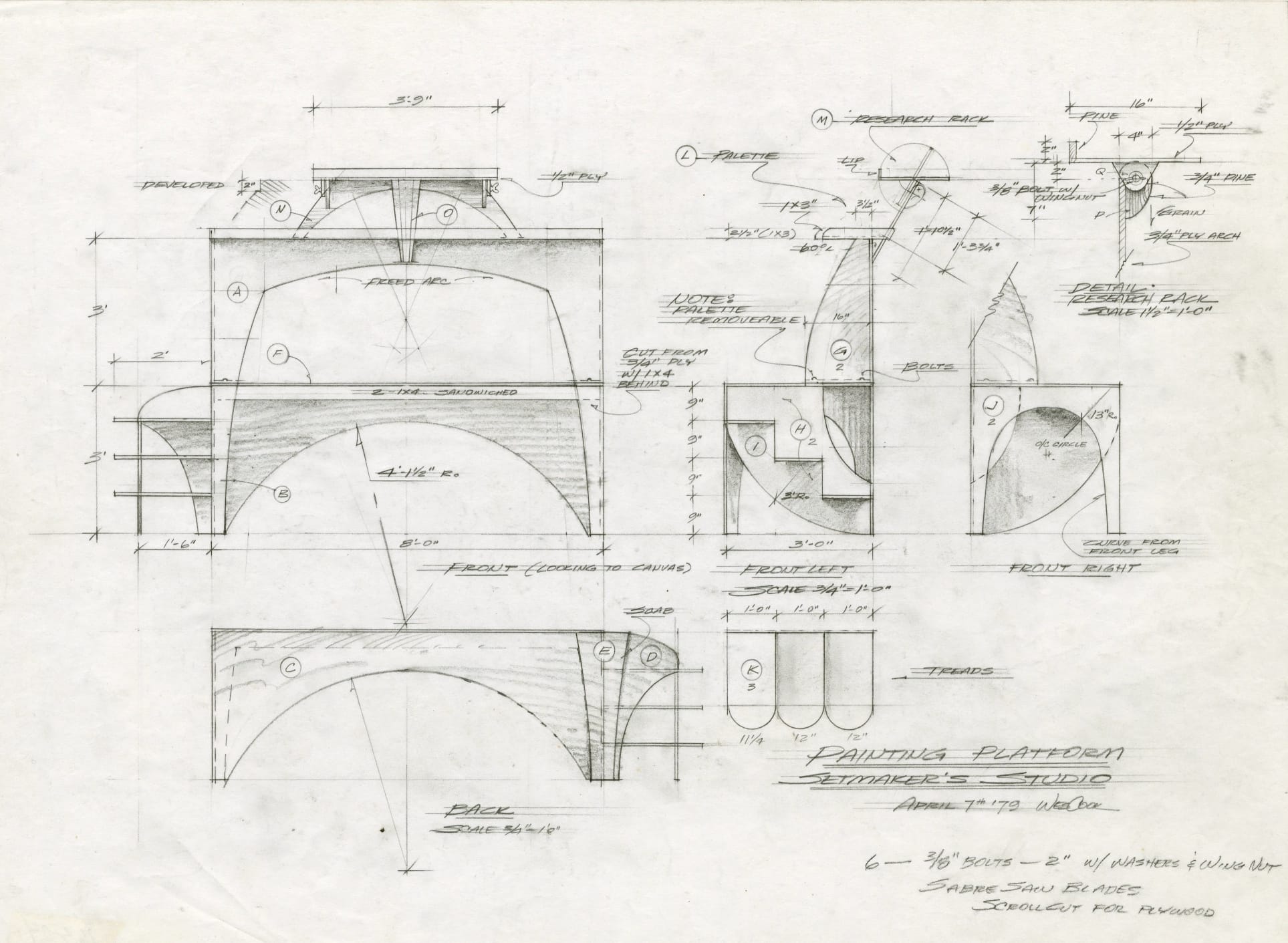 Techincal drawings for the platform with measurements, angles, and annotations.