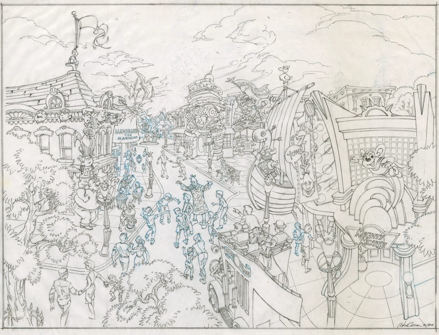 Black and white sketch showing people circulating among a host of themepark attractions.