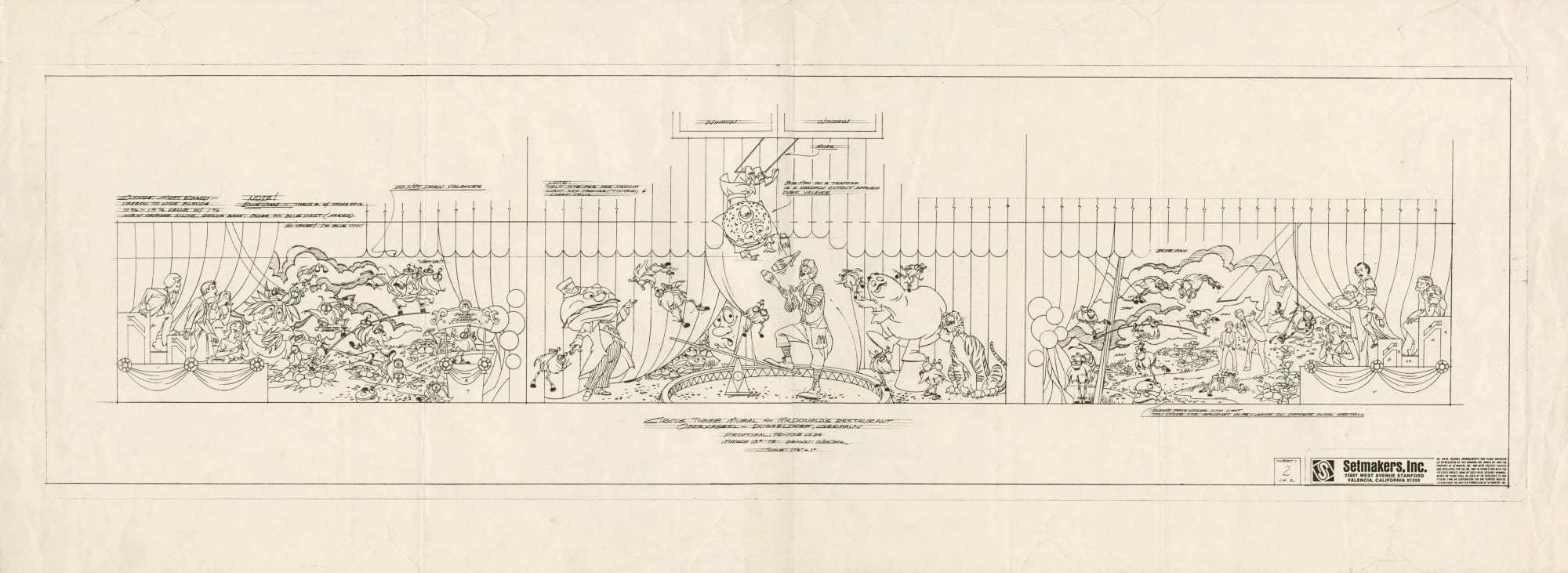 Outline drawing for a wide-format mural, with measurements and annotations.