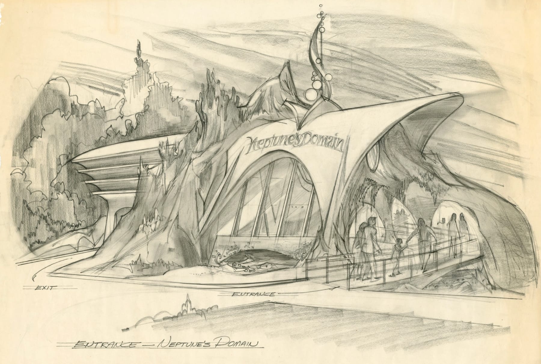 Black and white sketch of a futuristic entranceway to a themepart attraction.
