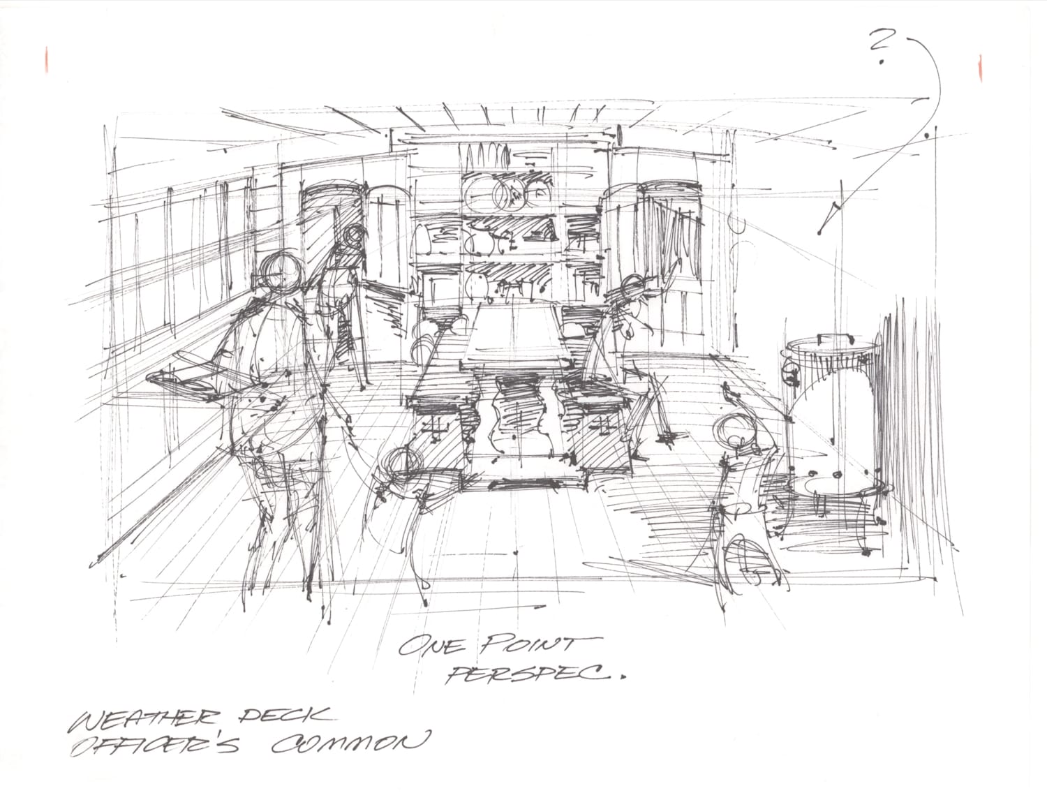 Rough sketch for an interior scene with people, benches, a table, and shelves.