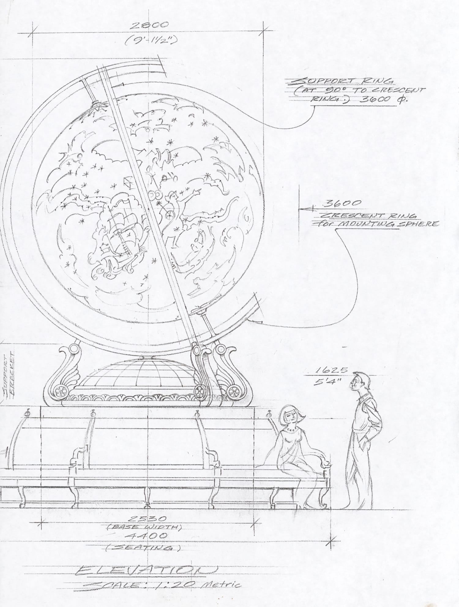 Technical drawing for a large globe whose circular base provides benches to sit on.