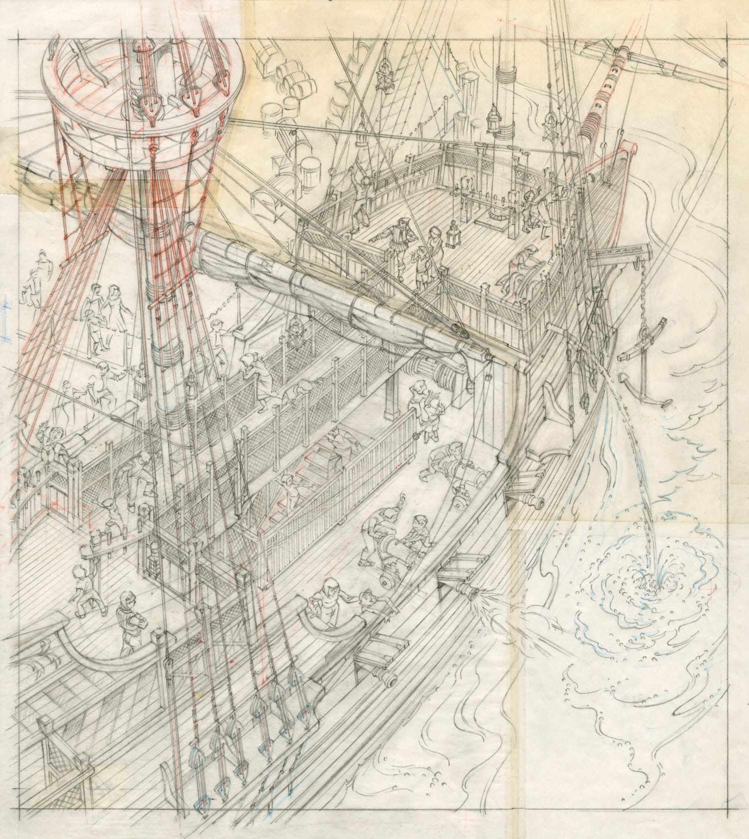 Line drawing of an aerial view of a large galleon with people on board manning rigging, firing cannon, etc.