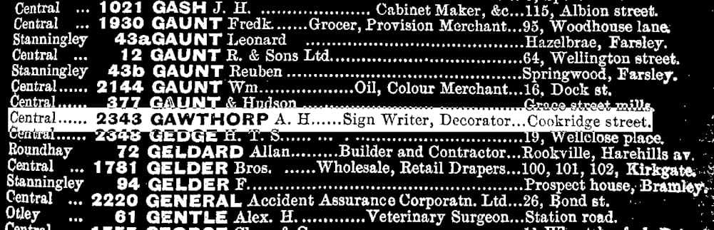 Alphabetical listings of business names and locations with one highlighted that says, "Central 2343, Gawthorp, A.H. ... Sign Writer, Decorator ... Cookridge Street".