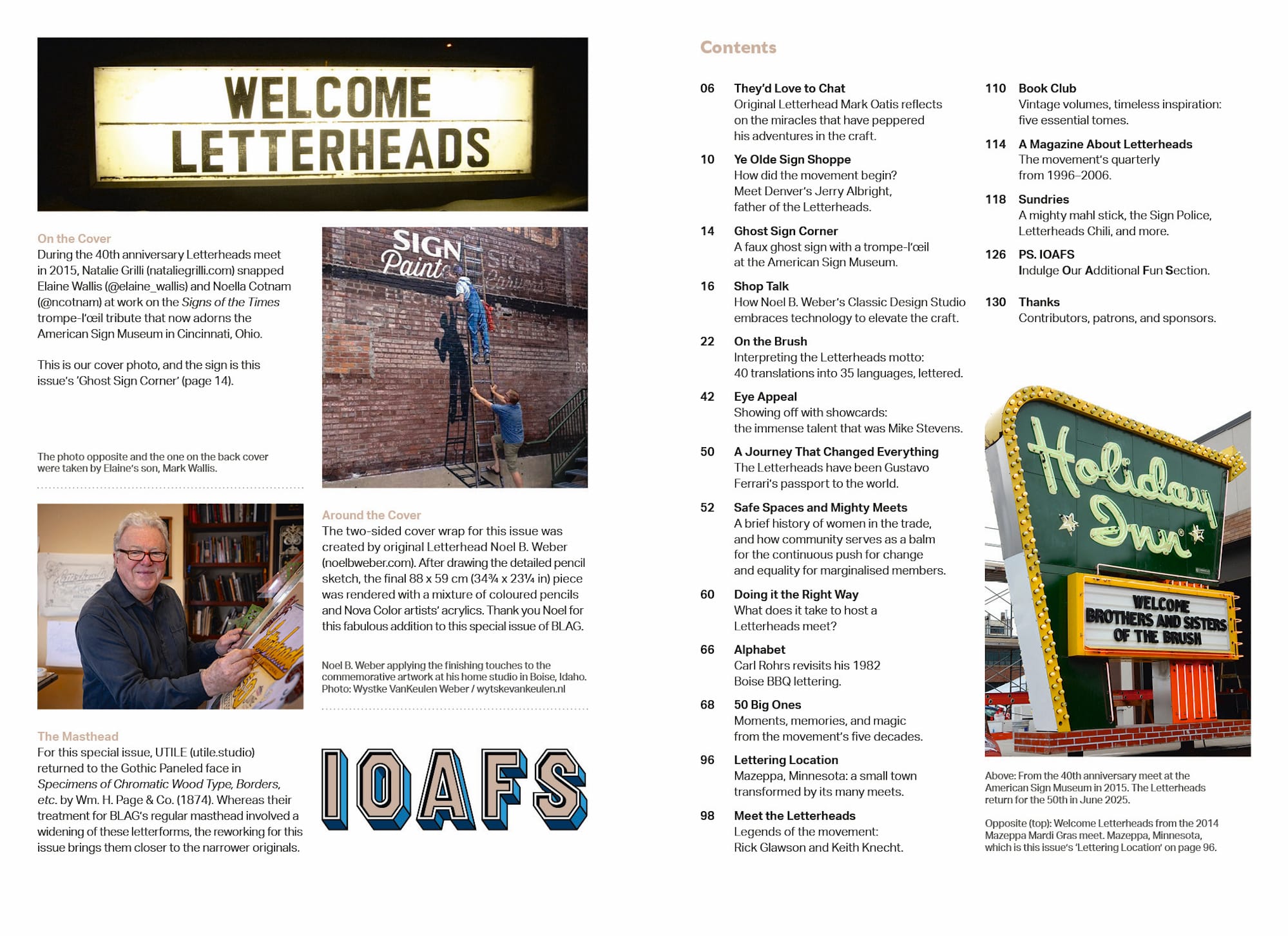 Graphic showing the left and right pages of a spread in a magazine. The right side shows a list of contents, with brief descriptions and page numbers for each article and feature, while the left has some discuasion of the cover items discussed above.