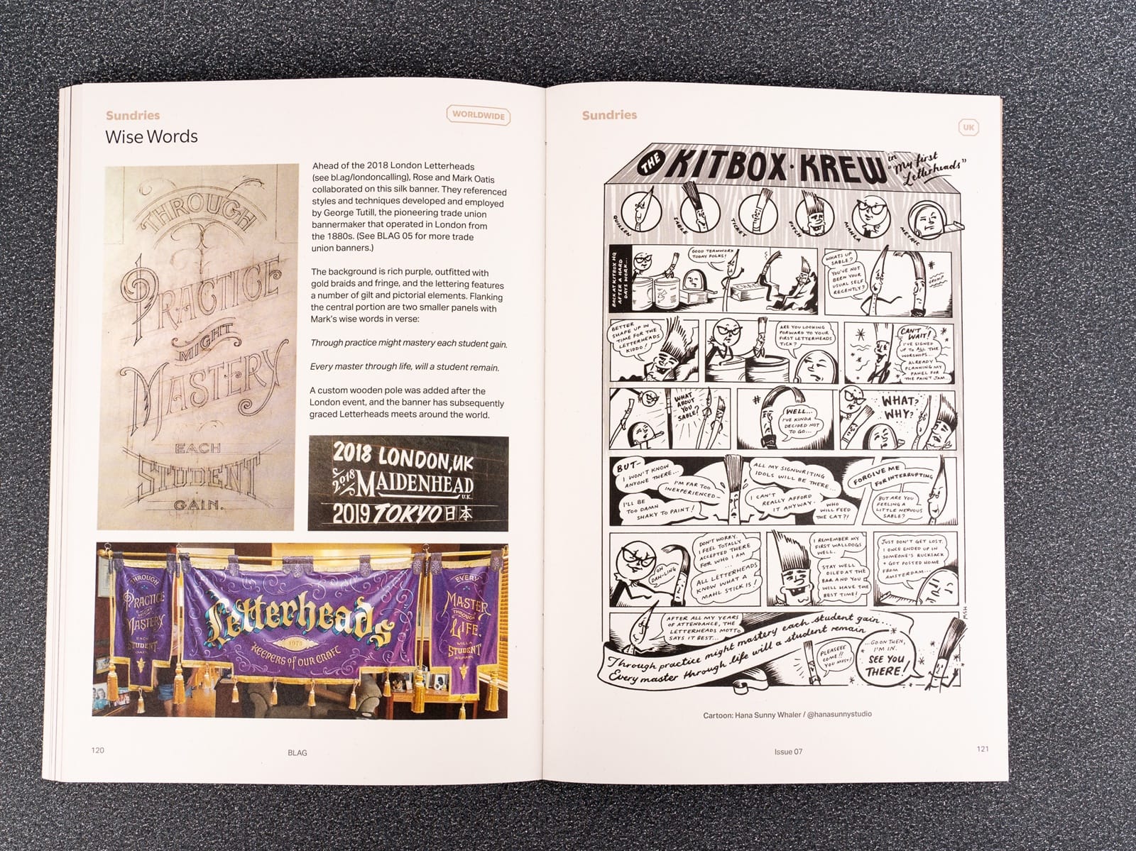 Photo of a spread from a magazine. On the right is a black and white comic strip titled "Kitbox Krew" and on the left is a short piece of text accompanying images of a banner and a sketch used to produce part of it. That piece is titled "Wise Words".