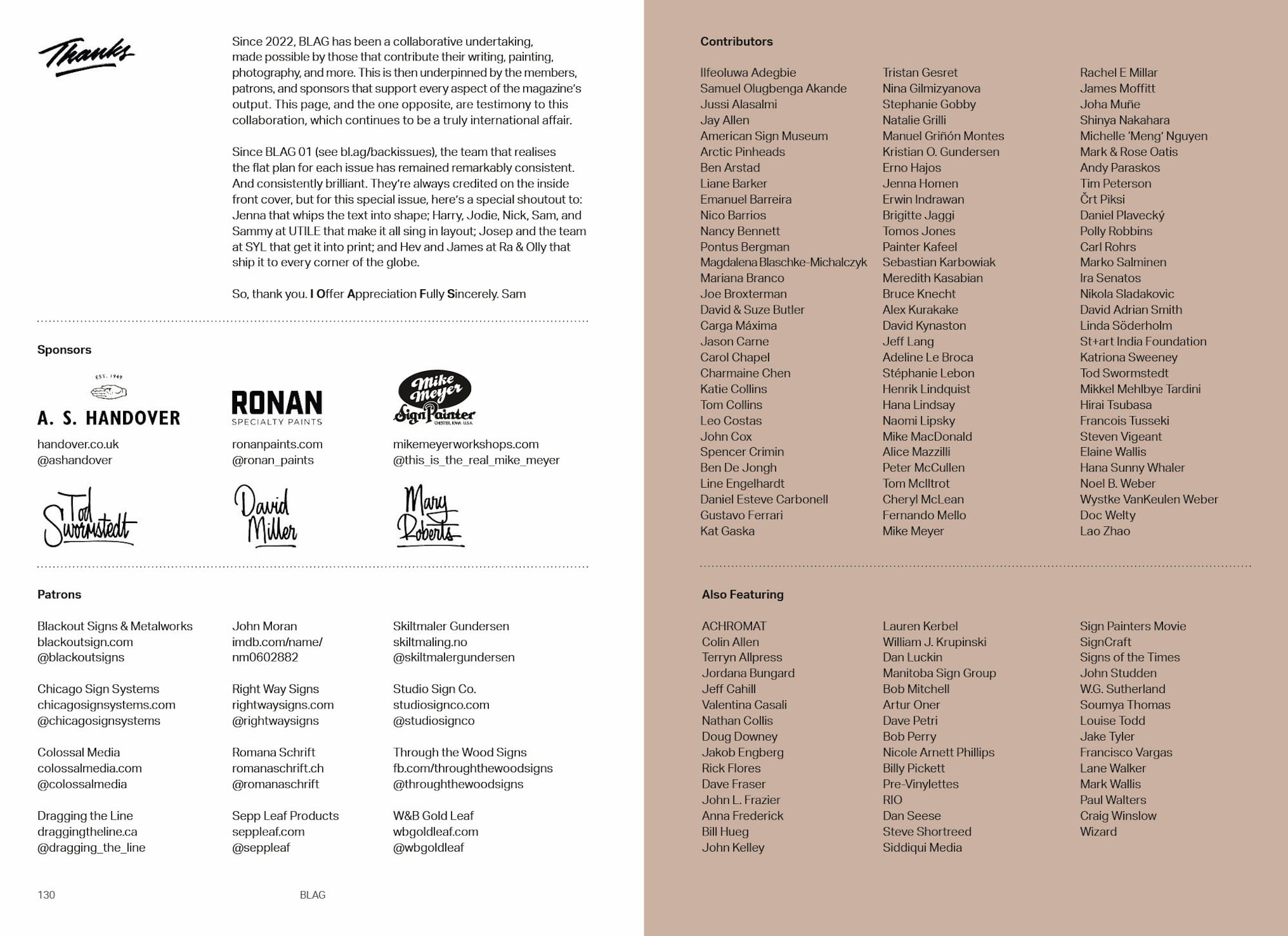 Graphic of a spread from a magazine. It it dominated by text with names under the headings of "Contributors" and "Also Featuring" on the right, and "Sponsors" (including logos) and "Patrons" on the left.