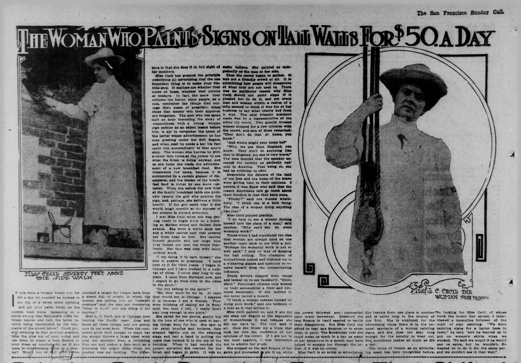 Vintage newspaper article with the headline set across the top and the text laid out in seven columns, five of which are considerably shortened by the two large photos. One of these shows a woman looking over her shoulder as she paints a sign on a wall, while the other is a portrait of her holding ropes from the rigging for her painting platform.
