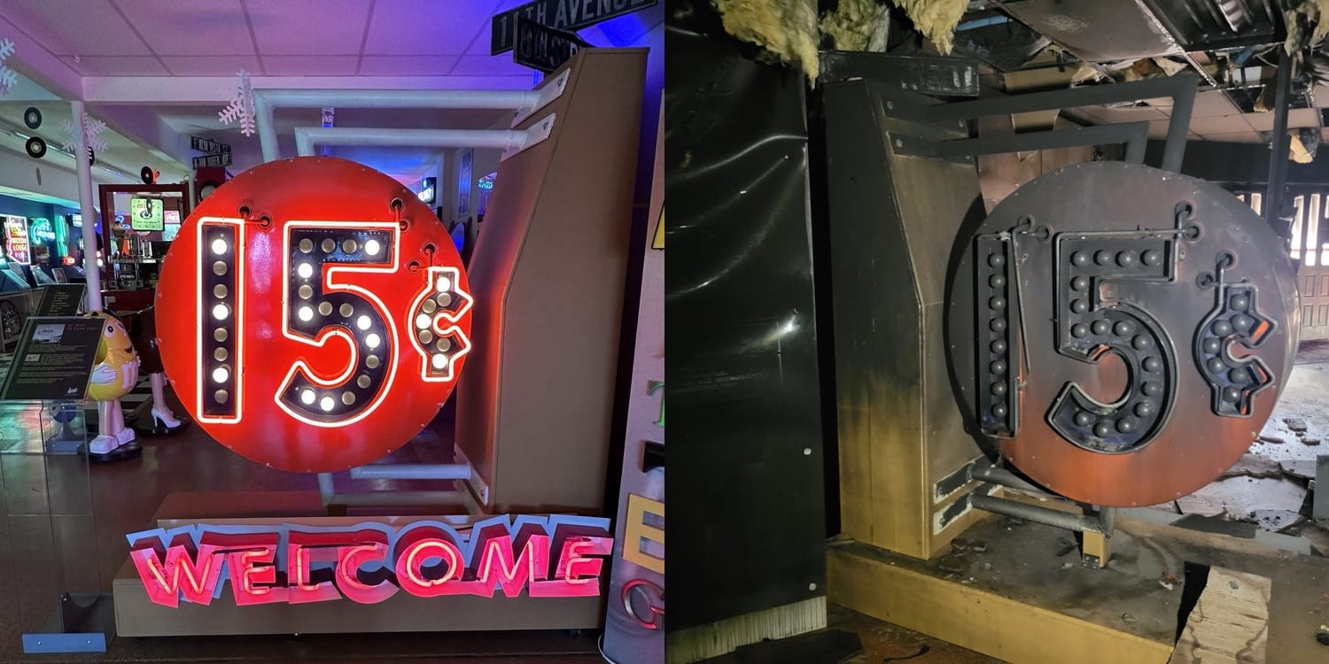 Left and right photos of the same roundel sign that is red with 15c in flashing bulbs on the insides of the numerals. The left one shows it fully working, while on the right it is all burnt out and covered in soot.