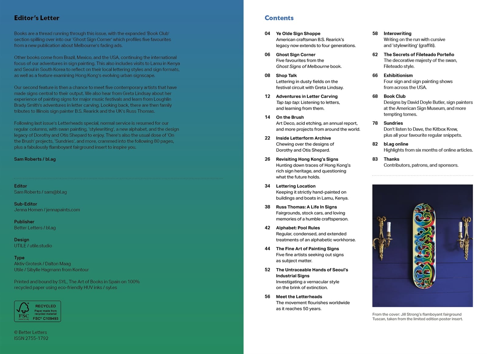 Graphic of a magazine spread showing the contents on the right page, and the editor's letter and imprint on the left.