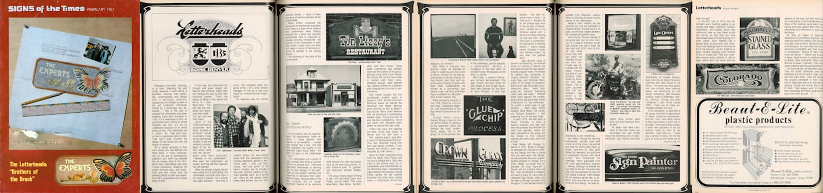 Series of six magazine pages with a mixture of text and photos of signs and people. The first of these is the cover (Signs of the Times) and in colour, while the interior pages are all in black and white.