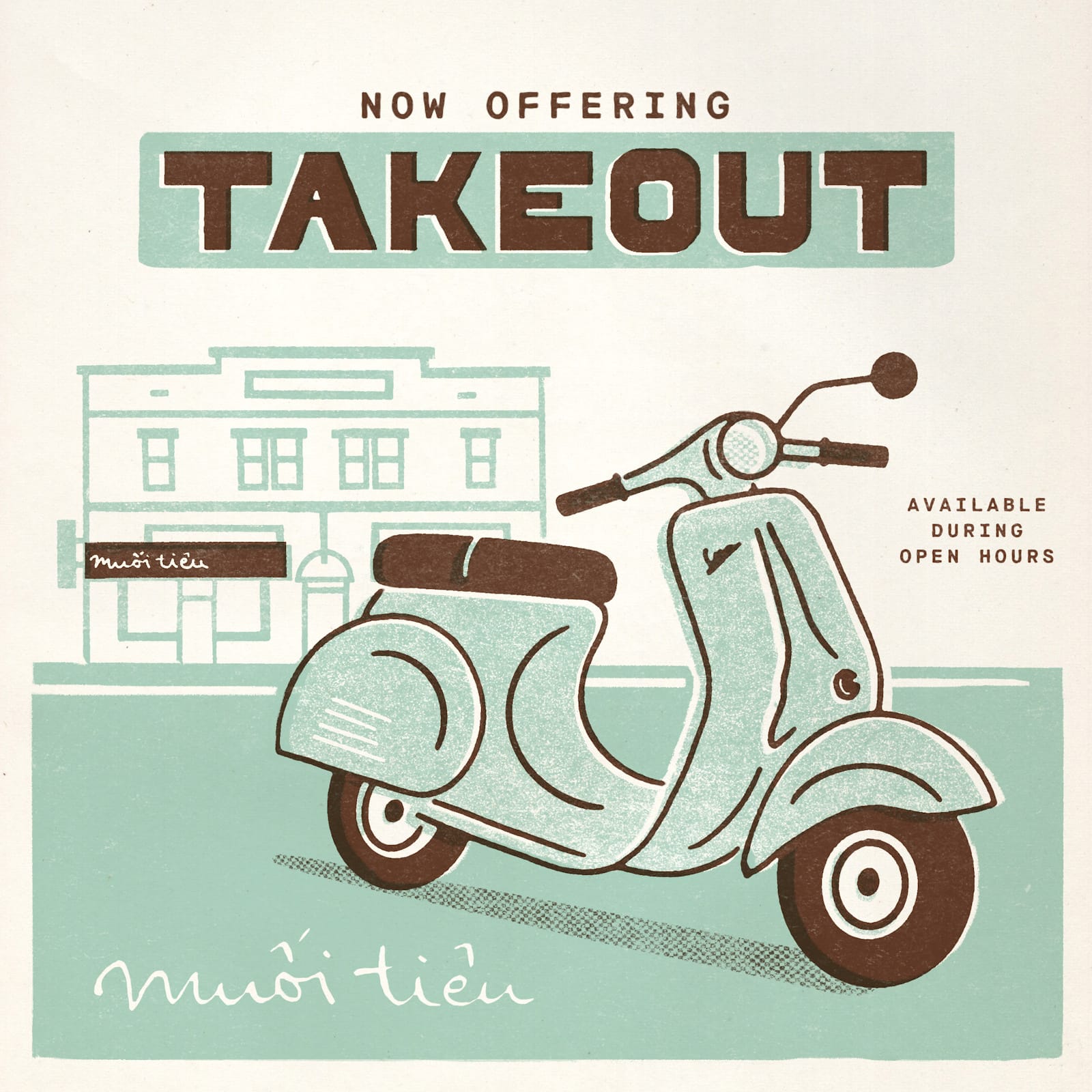Square flyer design in a palette of pastel green and dark brown. It is headlined "(Now Offering) Takeout" and the picture shows a Vespa scooter with a building in the background with the restaurant's fascia sign visible on what is otherwise an outline drawing.