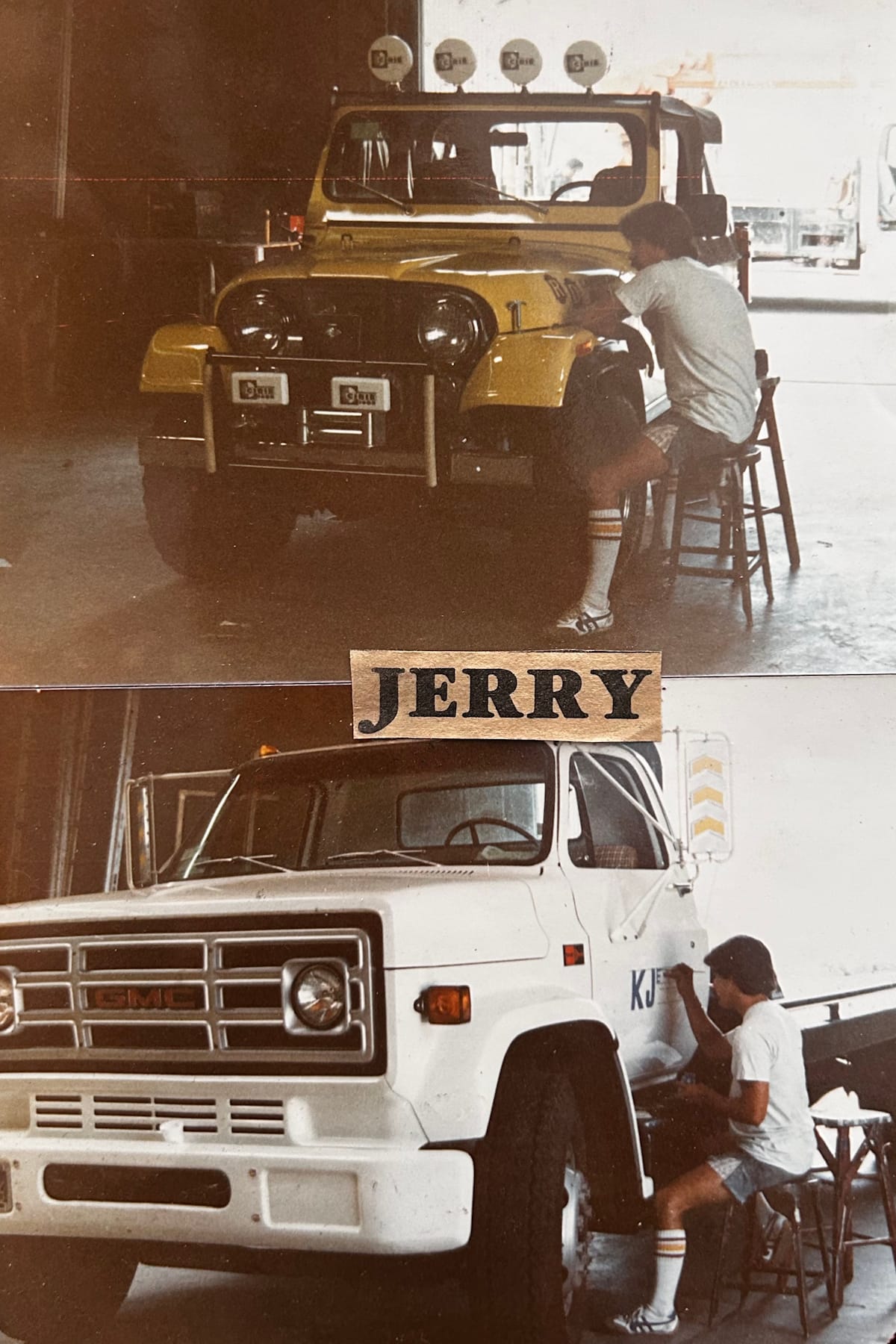 Two old colour photos stacked. They each show a sign painter lettering truck liveries. Across the middle of the two photos is a cut-out piece of paper with the name "Jerry Gomez" on it.