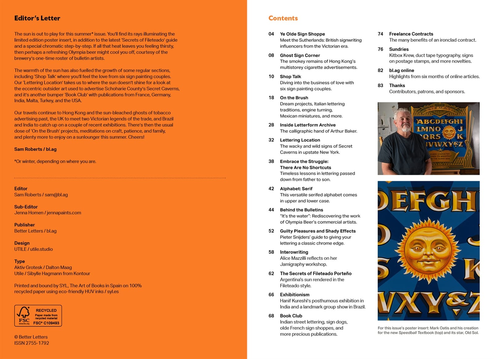 Graphic of a magazine spread showing the contents on the right page, and the editor's letter and imprint on the left.