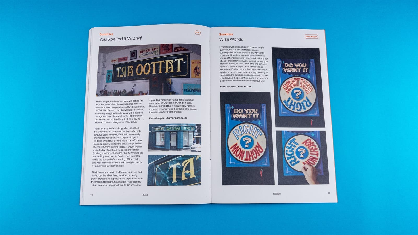 Magazine spread photographed on a light blue background. The section title is "Sundries" with two pieces taking the left and right pages respectively. The left page shows a framed sign hanging in a studio, with "Tattoo Art" in mirrored writing, while the right shows a panel titled "Do you want it" and then a wheel below that can move to complete the question with "Right" or "Right Now".
