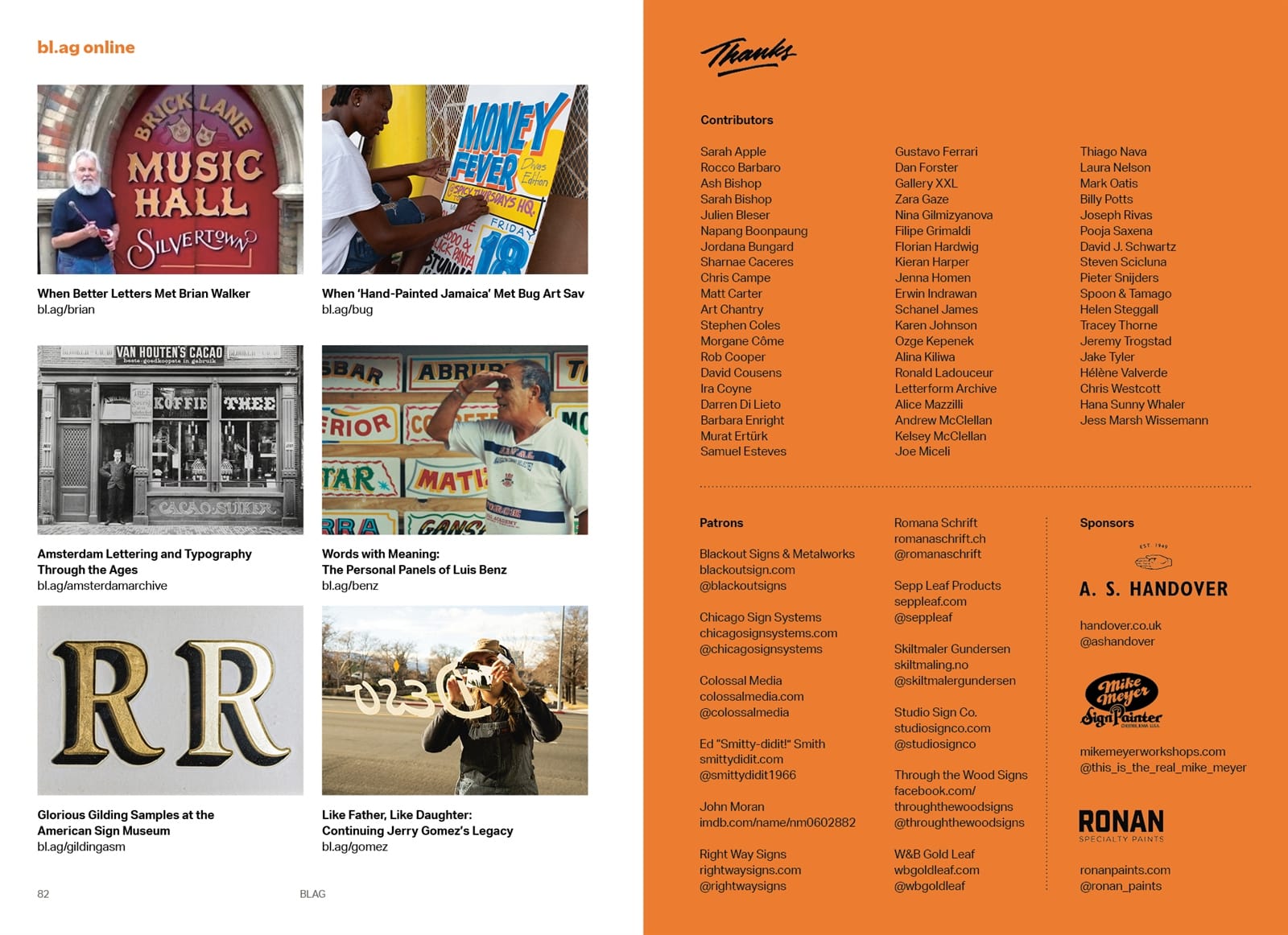 Graphic of the back page and inside back cover of a magazine. The back page shows an array of six sign painting themed photos with article titles and urls underneath, while the inside back cover details people and companies under the headings of "Contributors", "Patrons", and "Sponsors".
