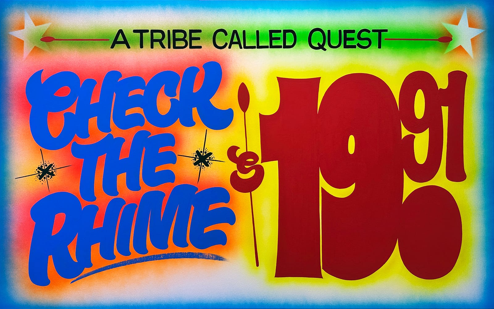 Colourful landscape canvas painted in the style of a grocery store sign and reading "A Tribe Called Quest. Check the Rhime. $19.91". 