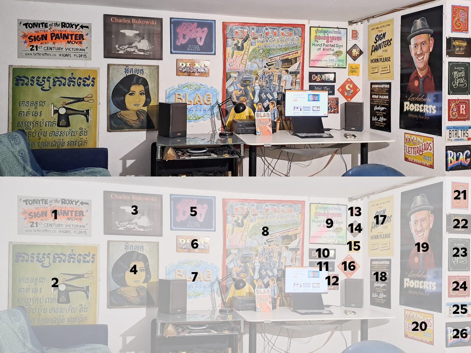 View of the desk and all the signs on the walls. The same image is repeated below with a fade on it to make a numerical annotation visible, which corresponds to the numbered list below.