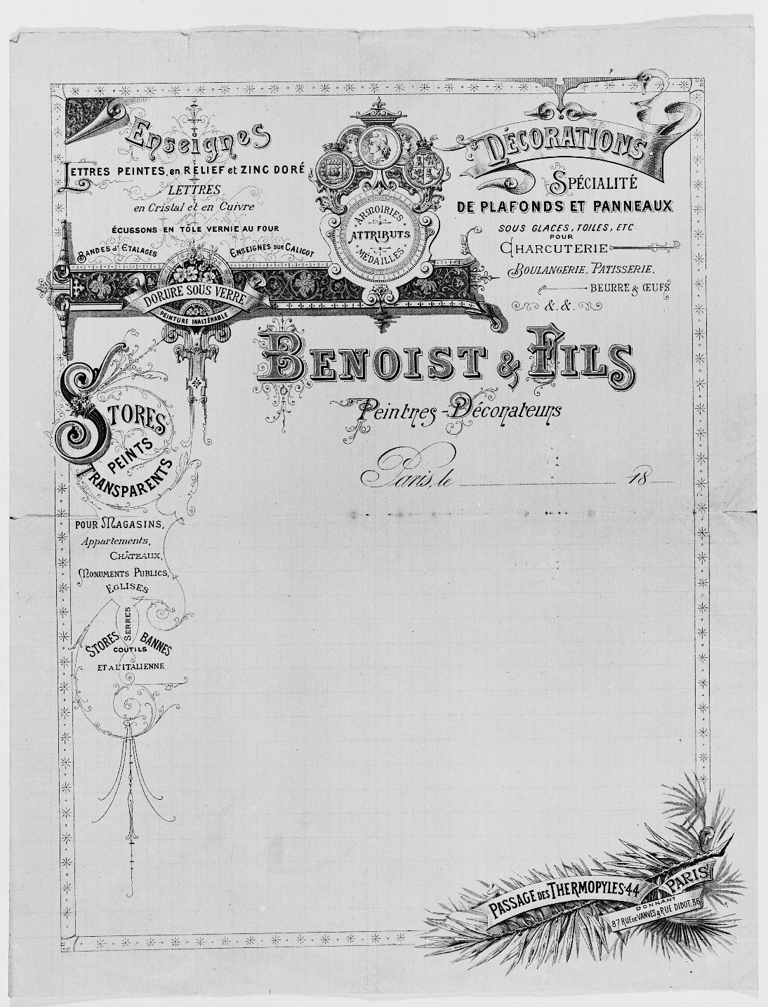 Highly decorated and ornamented letterheads with numerous elements filling the top half of the sheet and then extended down the left side. A border goes around the entire composition, with a flourish bottom right giving the address of the business on ribbons set above illustrations of spiny leaves.