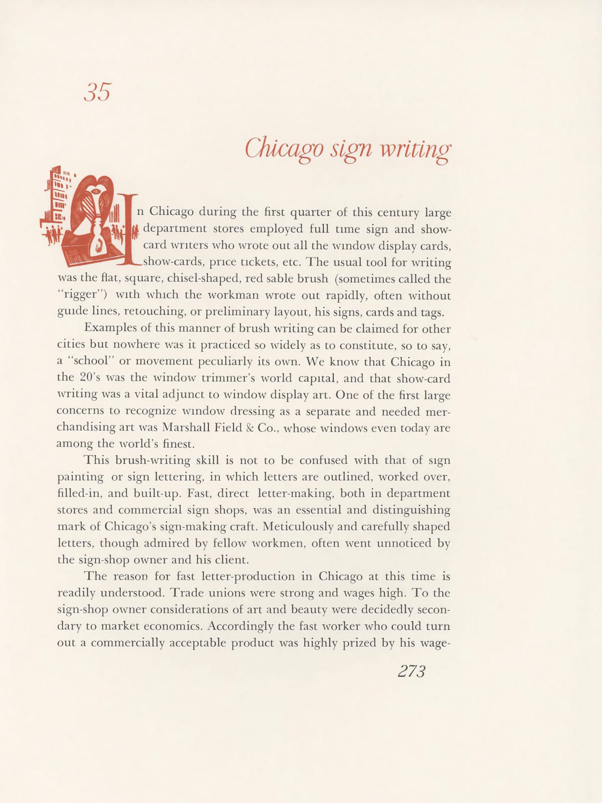Page of text titled 'Chicago sign writing' and with a small illustration of a city scene and sculpture to the left of the large initial I that opens the text.