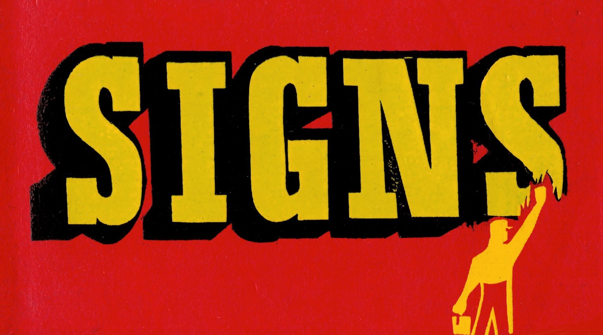 Portion of book cover with an illustration of a person painting the word 'SIGNS'.