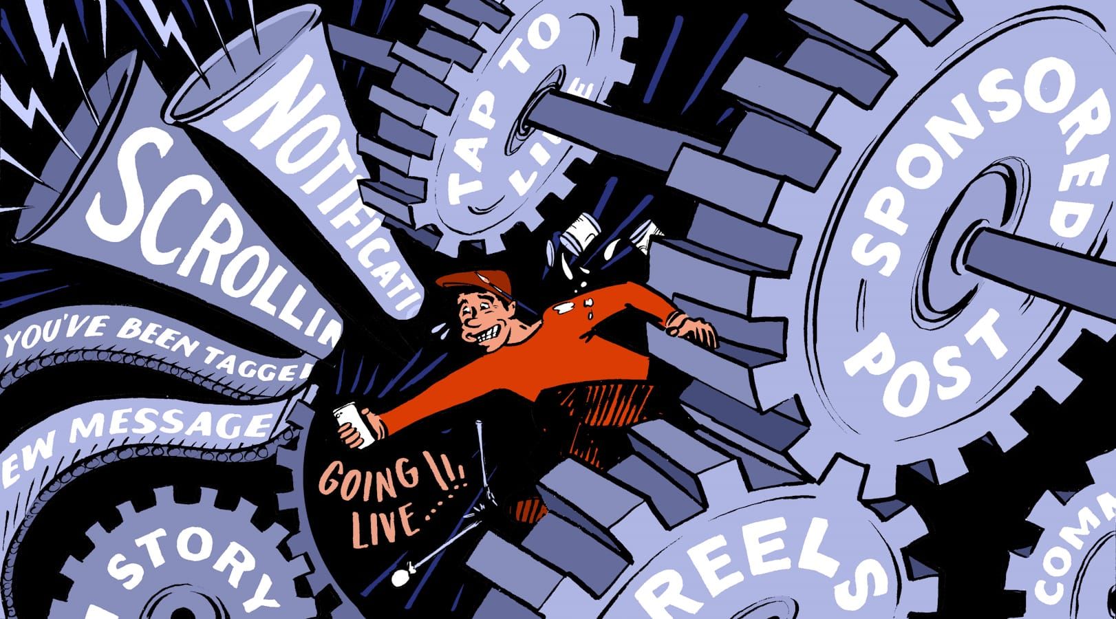 Illustration showing a sign painter being ground up by the cogs and mechanics of a machine labelled as instagram features.