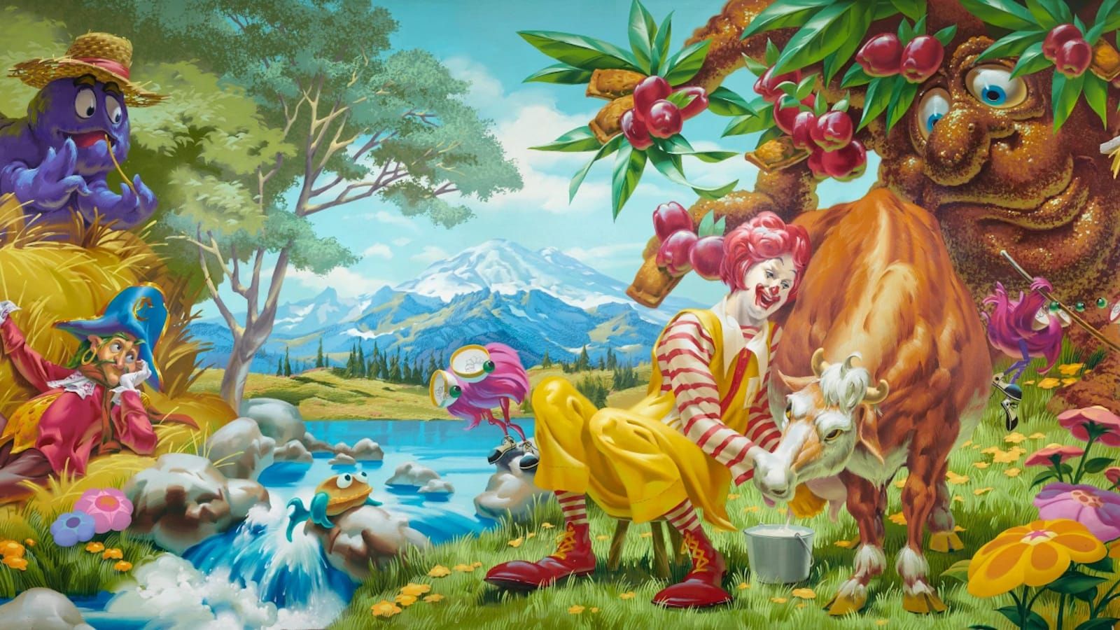 Colourful mural with Ronald McDonald milking a cow while other characters from his story look on.
