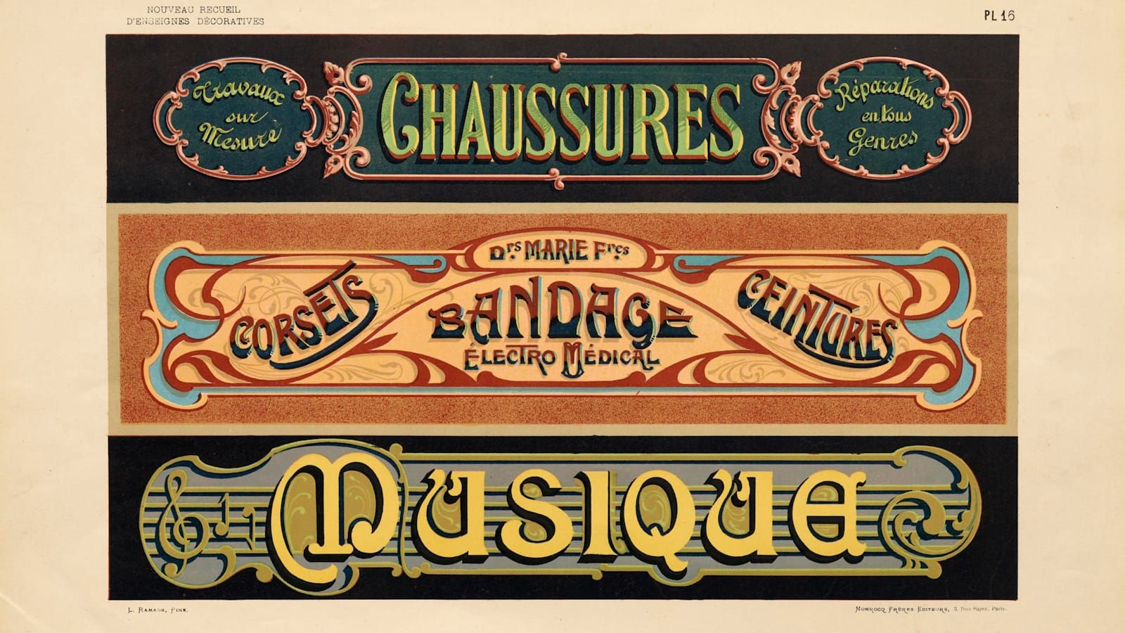 Three wide-format decorated Art Nouveau shopfront designs for "Chaussures", "Bandage", and "Musique" respectively.