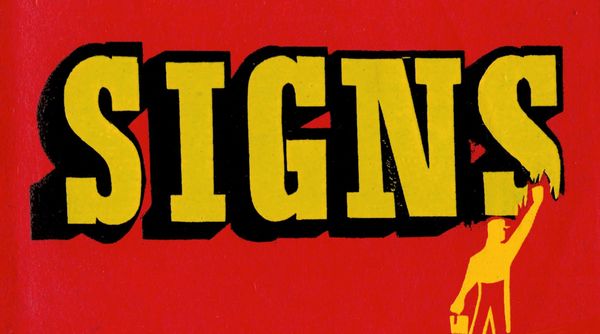 Portion of book cover with an illustration of a person painting the word 'SIGNS'.