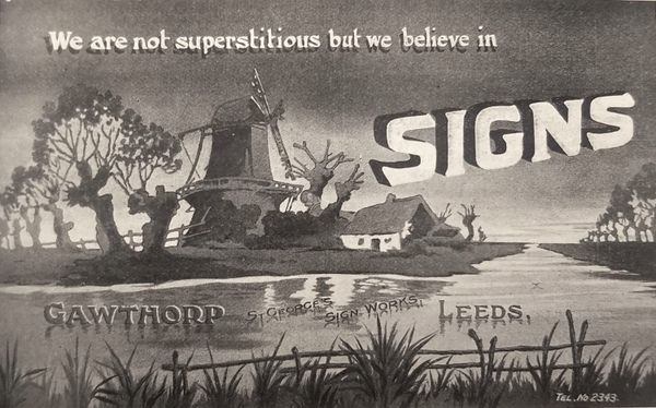 Painted scene of a mill and cottage by a river, overlaid with text that reads "We are not superstitious but we believe in signs".