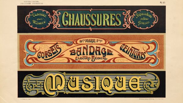 Three wide-format decorated Art Nouveau shopfront designs for "Chaussures", "Bandage", and "Musique" respectively.