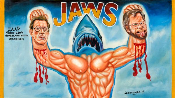 Painted illustration of an excessively muscular body with a sharks head holding two decapitated and bleeding heads in its hands.